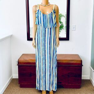 NWT Gorgeous Design 365 Sz L Blue/Yellow/ Green Mint/White striped Maxi dress